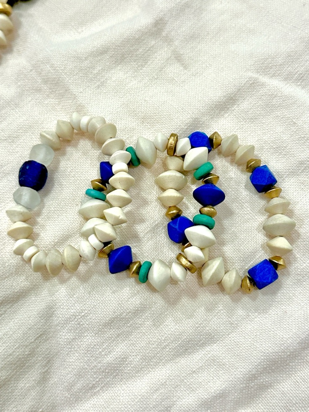 Handcrafted White, Blue & Teal Beaded Stretch Bracelet Set